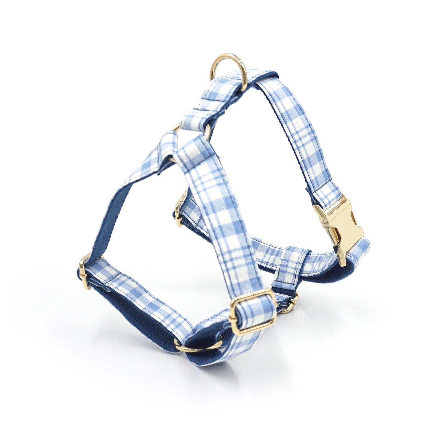 Custom Dark Blue Tartan Dog Harness Set, Personalized Name Collar & Rope Leash, Plaid Puppy Walking Kit XS-XL
