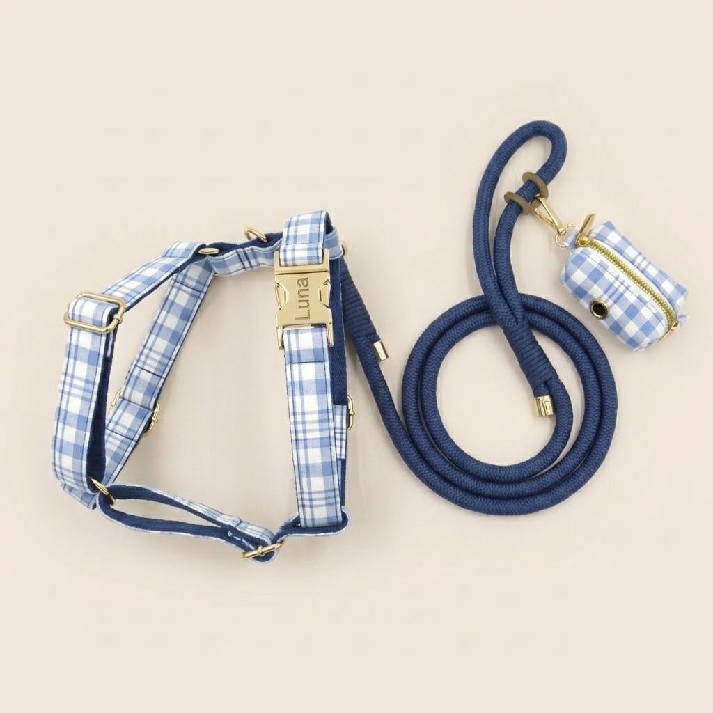 Custom Dark Blue Tartan Dog Harness Set, Personalized Name Collar & Rope Leash, Plaid Puppy Walking Kit XS-XL