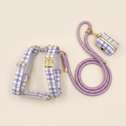 Custom Lilac Tartan Dog Harness Set, Personalized Name Collar & Rope Leash, Plaid Puppy Walking Kit XS-XL