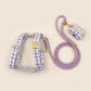 Custom Lilac Tartan Dog Harness Set, Personalized Name Collar & Rope Leash, Plaid Puppy Walking Kit XS-XL