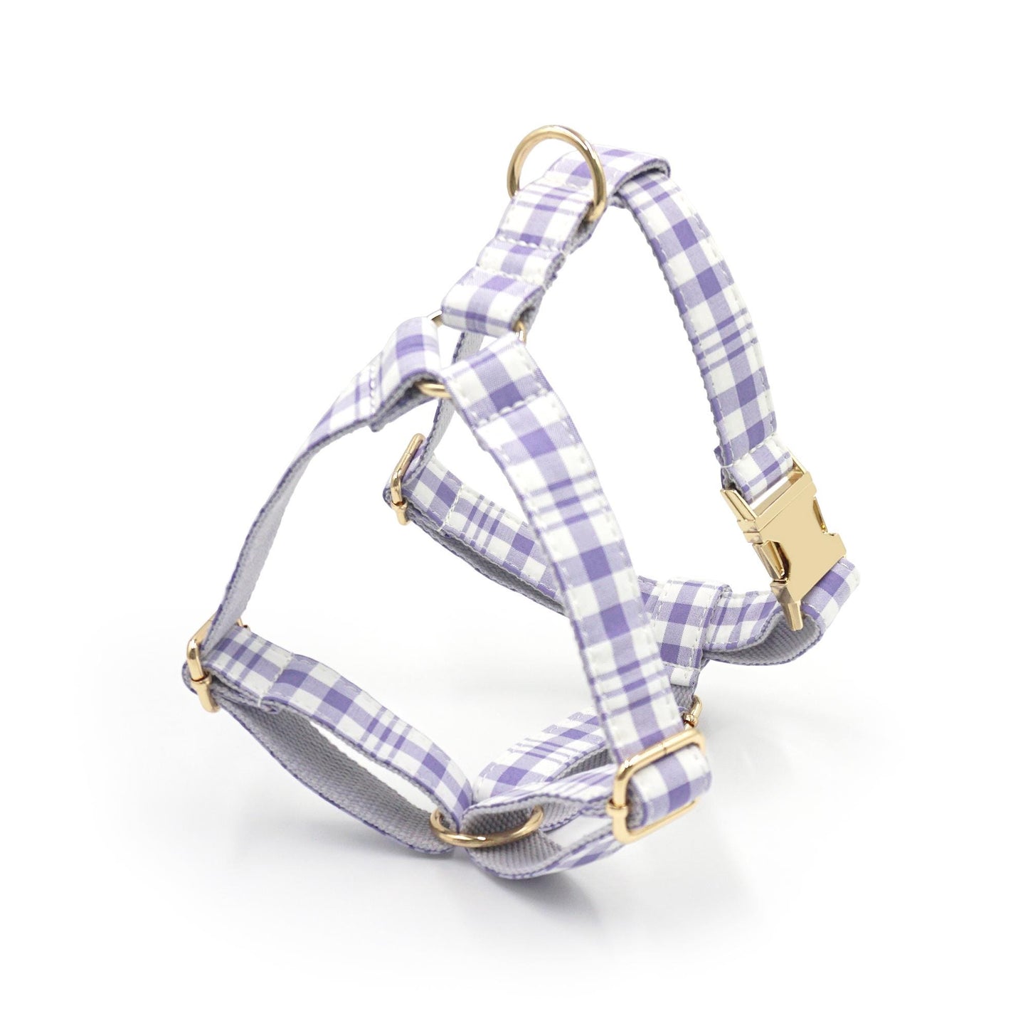Custom Lilac Tartan Dog Harness Set, Personalized Name Collar & Rope Leash, Plaid Puppy Walking Kit XS-XL
