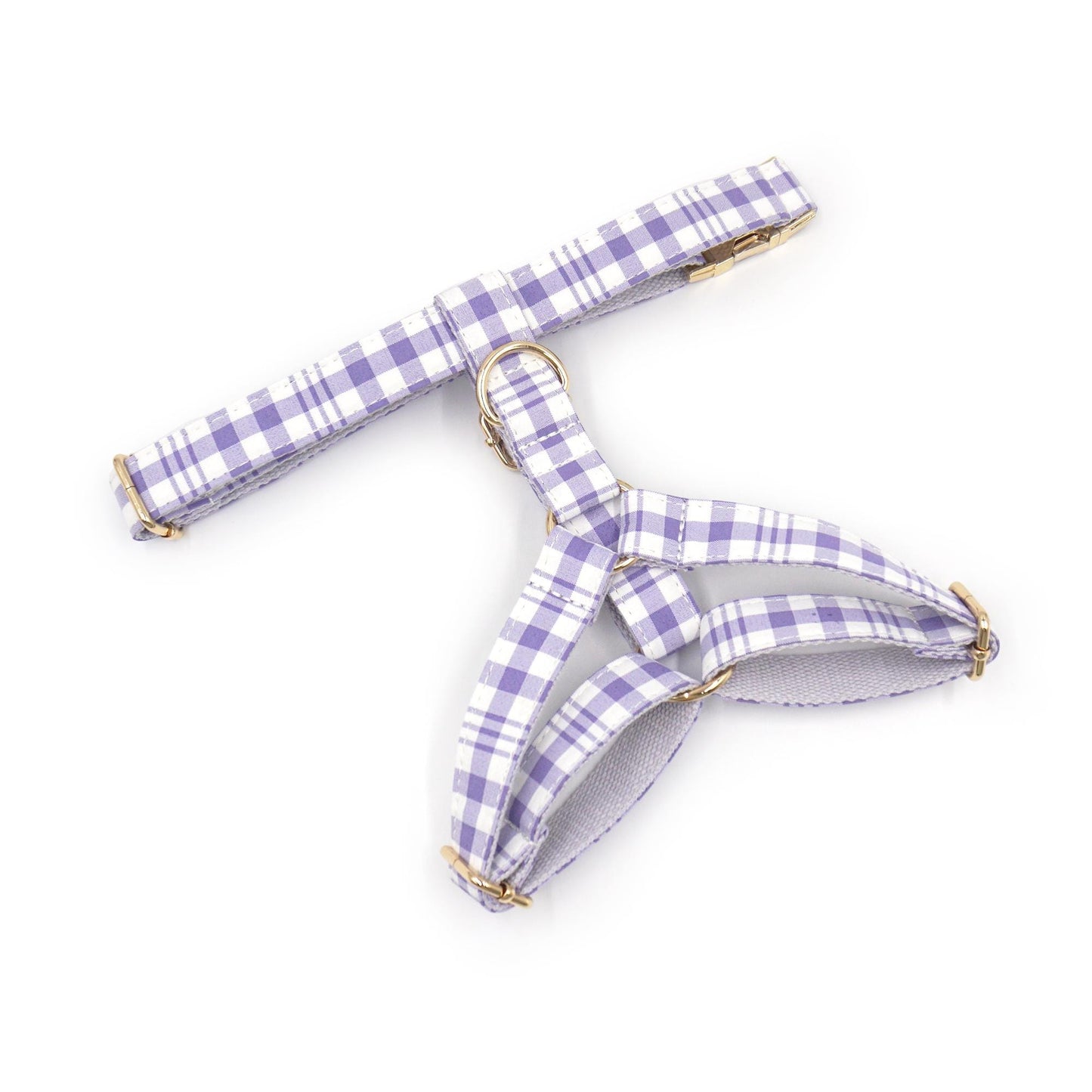 Custom Lilac Tartan Dog Harness Set, Personalized Name Collar & Rope Leash, Plaid Puppy Walking Kit XS-XL