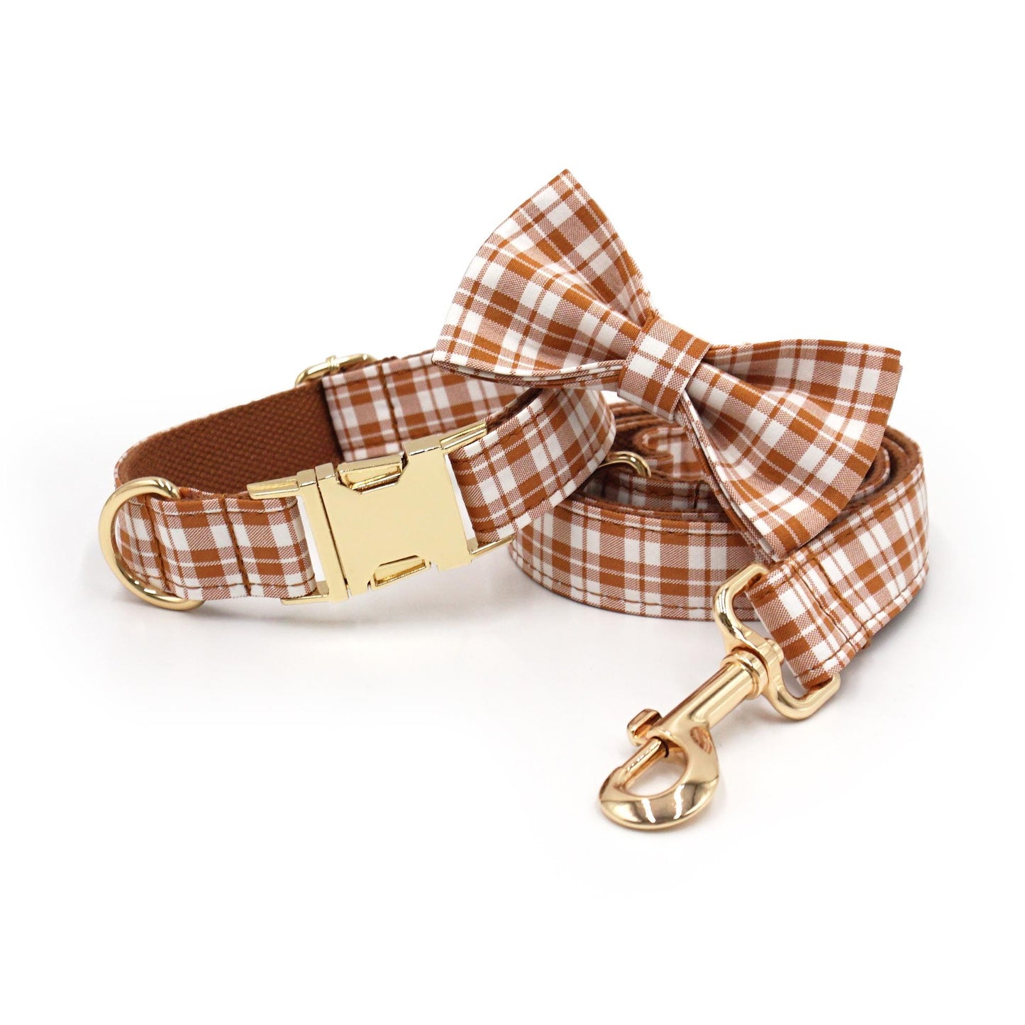 Plaid Dog Collar, Personalized Engraved Name Pet Collar, Preppy Plaid Collar with Leash, Bow Tie & Bag, Custom Puppy Collar Set