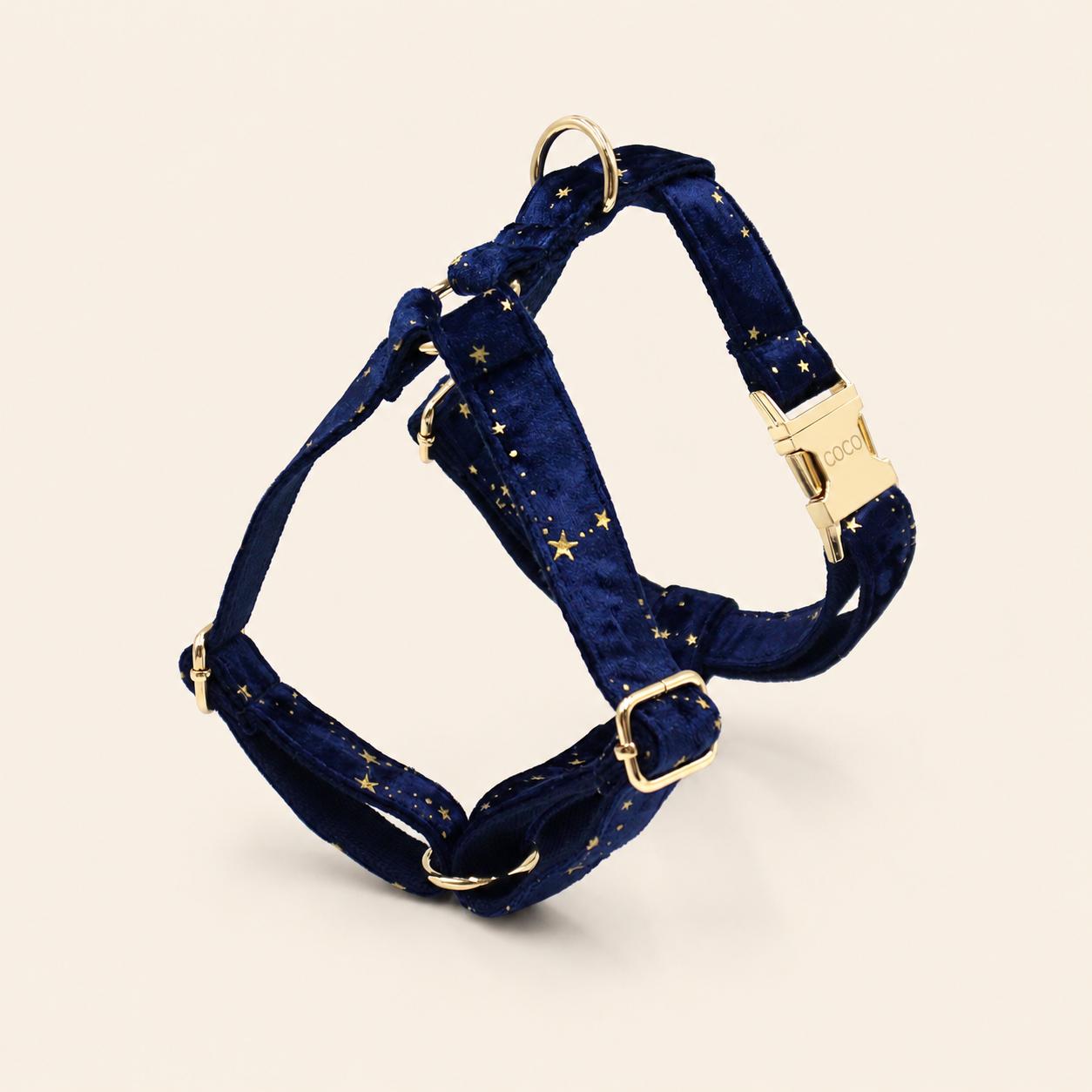 Custom Green Velvet Dog Harness Set | Engraved Name Collar Leash Bowtie Poop Bag | Celestial Star Pet Gift XS-XL