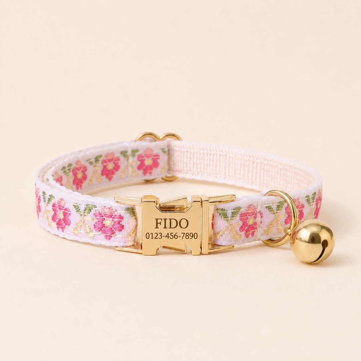 Floral Embroidered Cat Collar, Engraved Name Buckle, Adjustable Kitten Pet Collar