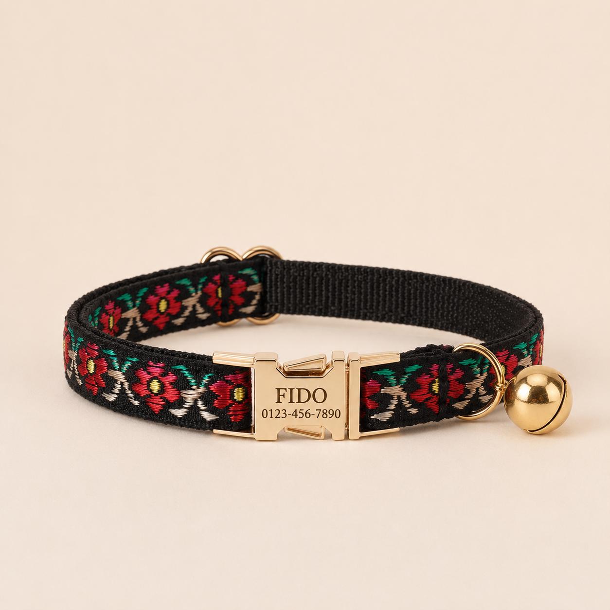 Floral Embroidered Cat Collar, Engraved Name Buckle, Adjustable Kitten Pet Collar