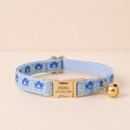 Floral Cat Collar, Engraved Name Buckle, Adjustable Kitten Collar, Polyester Pet Collar for Cats