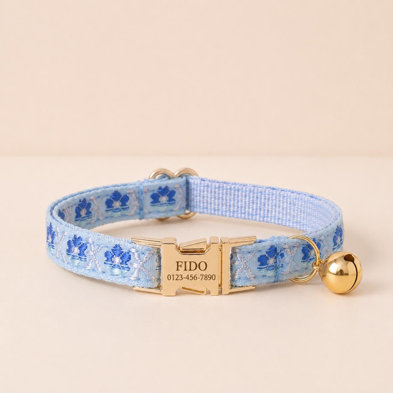 Floral Embroidered Cat Collar, Engraved Name Buckle, Adjustable Kitten Pet Collar