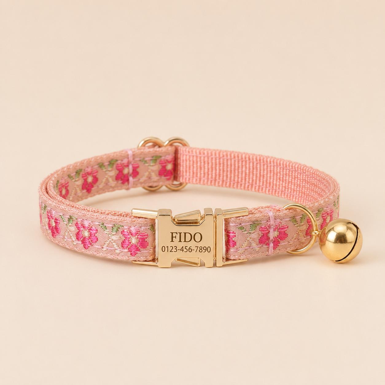 Floral Embroidered Cat Quick Release Collar, Engraved Name Buckle, Adjustable Kitten Pet Collar