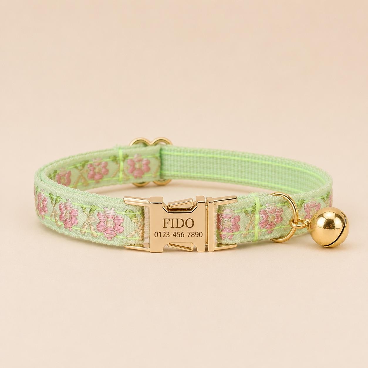 Floral Cat Collar, Engraved Name Buckle, Adjustable Kitten Collar, Polyester Pet Collar for Cats
