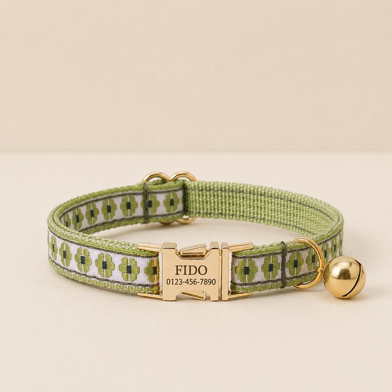 Floral Embroidered Cat Quick Release Collar, Engraved Name Buckle, Adjustable Kitten Pet Collar