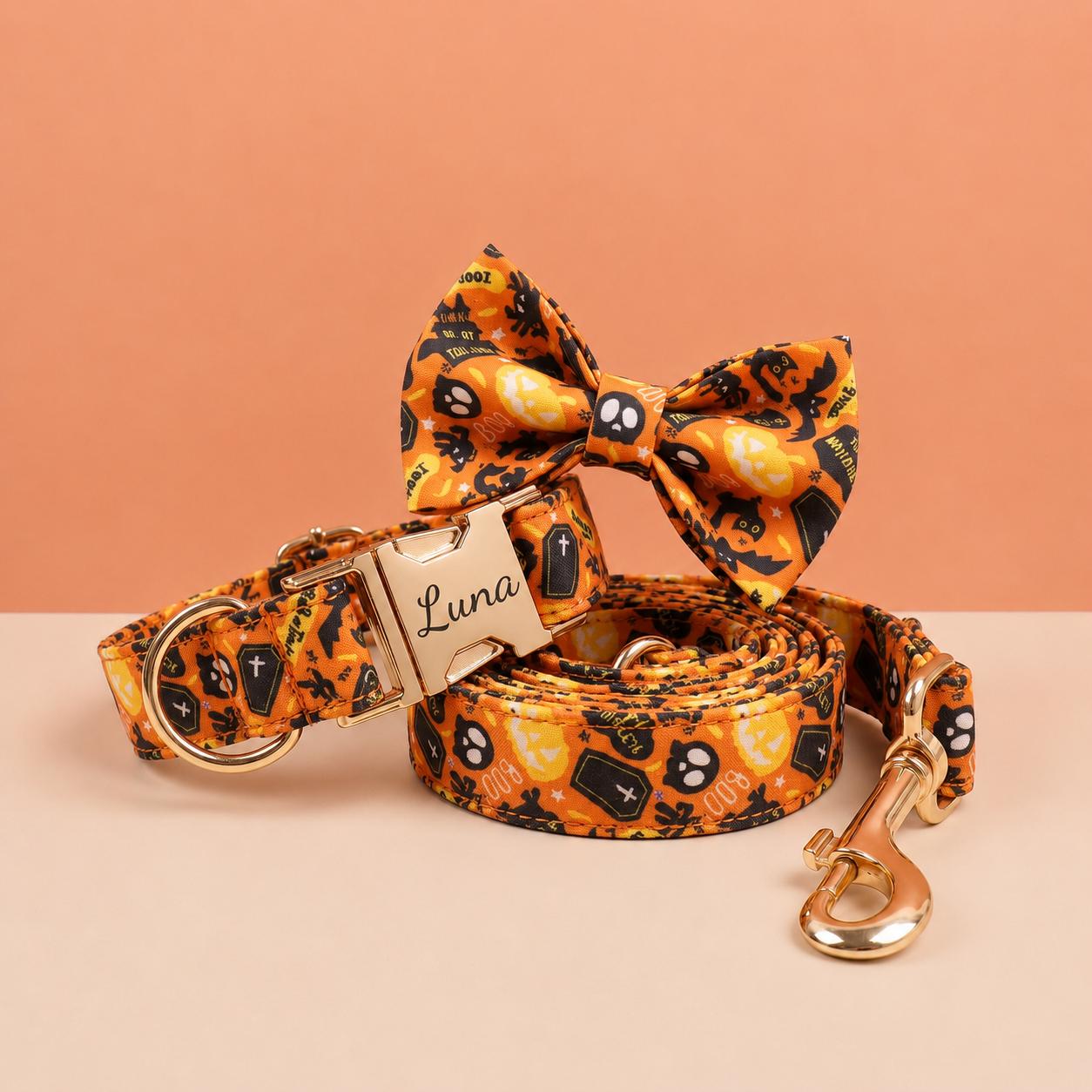 Personalised Halloween Dog Harness Optional Set with Collar, Leash & Bow Tie, Orange Black Pumpkin, Gold Buckle, Custom Polyester Pet Outfit