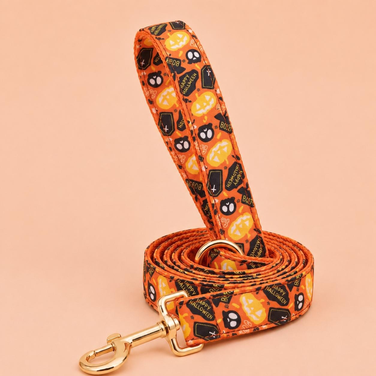 Personalised Halloween Dog Harness Optional Set with Collar, Leash & Bow Tie, Orange Black Pumpkin, Gold Buckle, Custom Polyester Pet Outfit