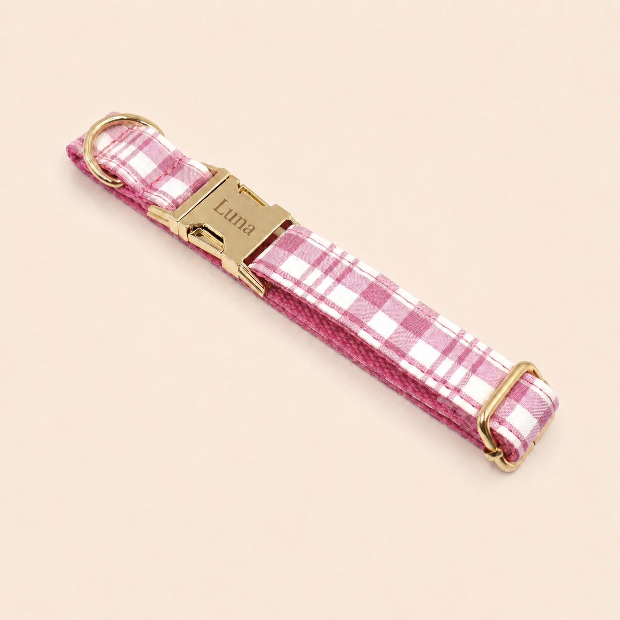 Personalized Pink Plaid Dog Harness Gift Set, Custom Name Collar & Rope Leash, Tartan Puppy Walking Set XS-XL