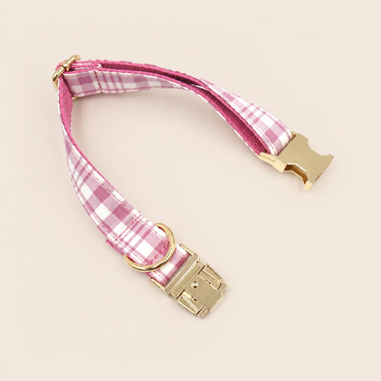 Personalized Pink Plaid Dog Harness Gift Set, Custom Name Collar & Rope Leash, Tartan Puppy Walking Set XS-XL