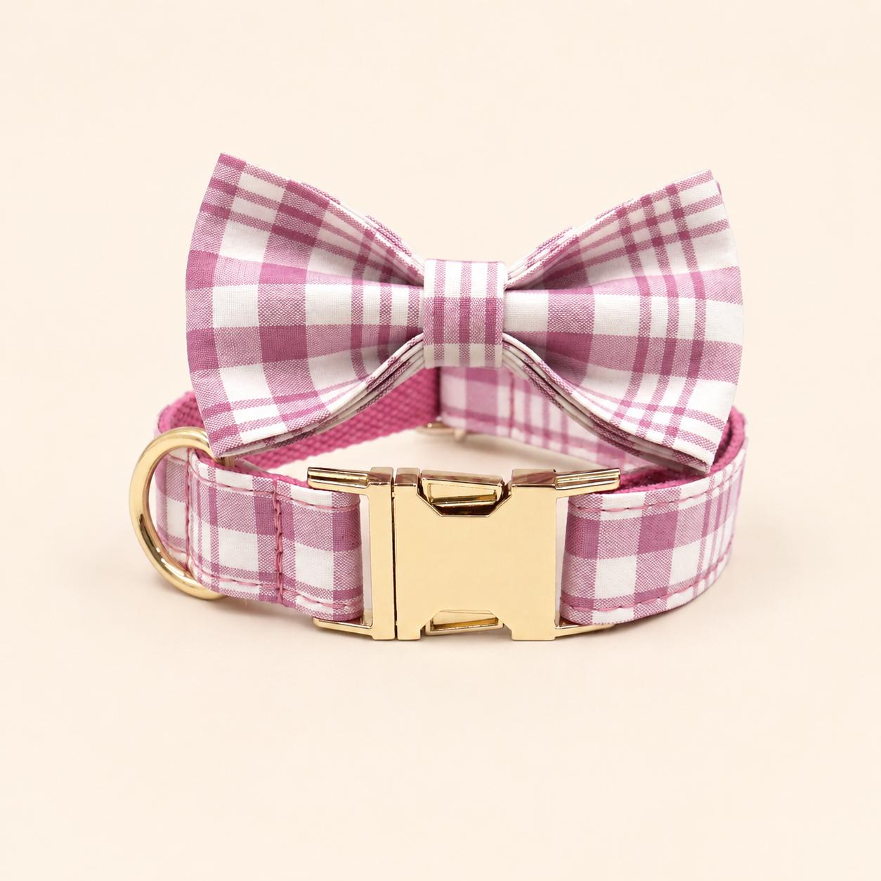 Personalized Pink Plaid Dog Harness Gift Set, Custom Name Collar & Rope Leash, Tartan Puppy Walking Set XS-XL