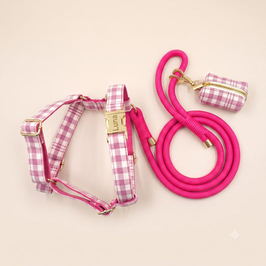 Personalized Pink Plaid Dog Harness Gift Set, Custom Name Collar & Rope Leash, Tartan Puppy Walking Set XS-XL