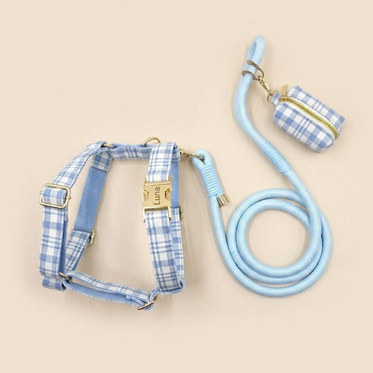 Custom Light Blue Tartan Dog Harness Set, Personalized Name Collar & Rope Leash, Plaid Puppy Walking Kit XS-XL