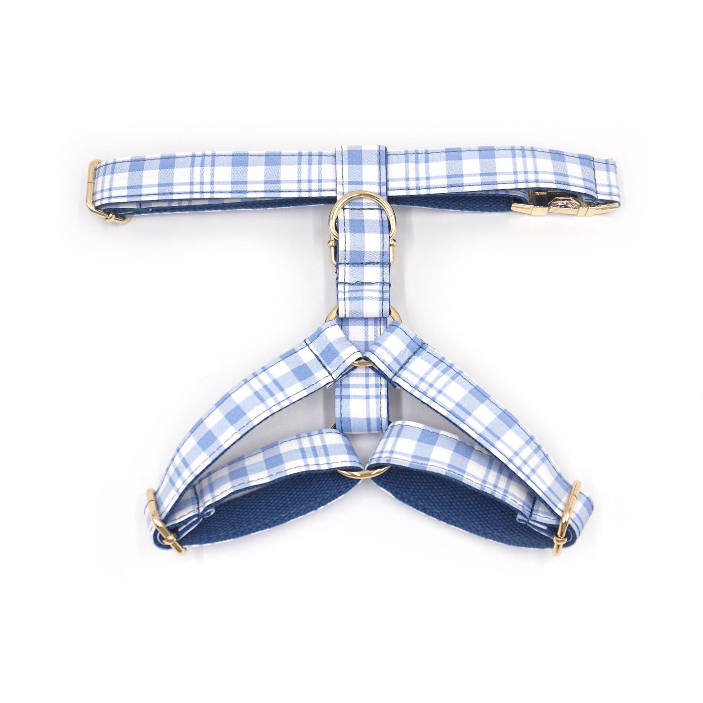 Custom Dark Blue Tartan Dog Harness Set, Personalized Name Collar & Rope Leash, Plaid Puppy Walking Kit XS-XL
