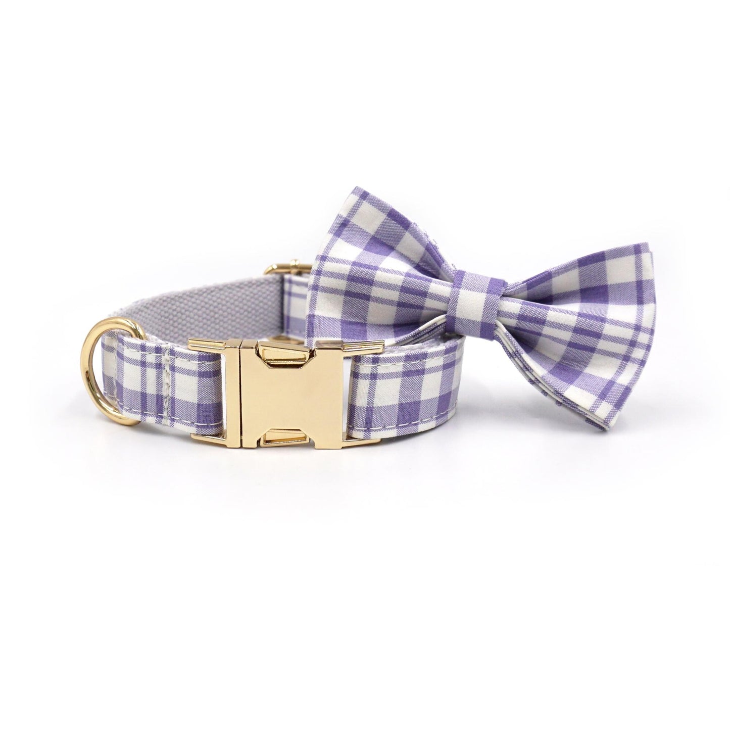 Custom Lilac Tartan Dog Harness Set, Personalized Name Collar & Rope Leash, Plaid Puppy Walking Kit XS-XL