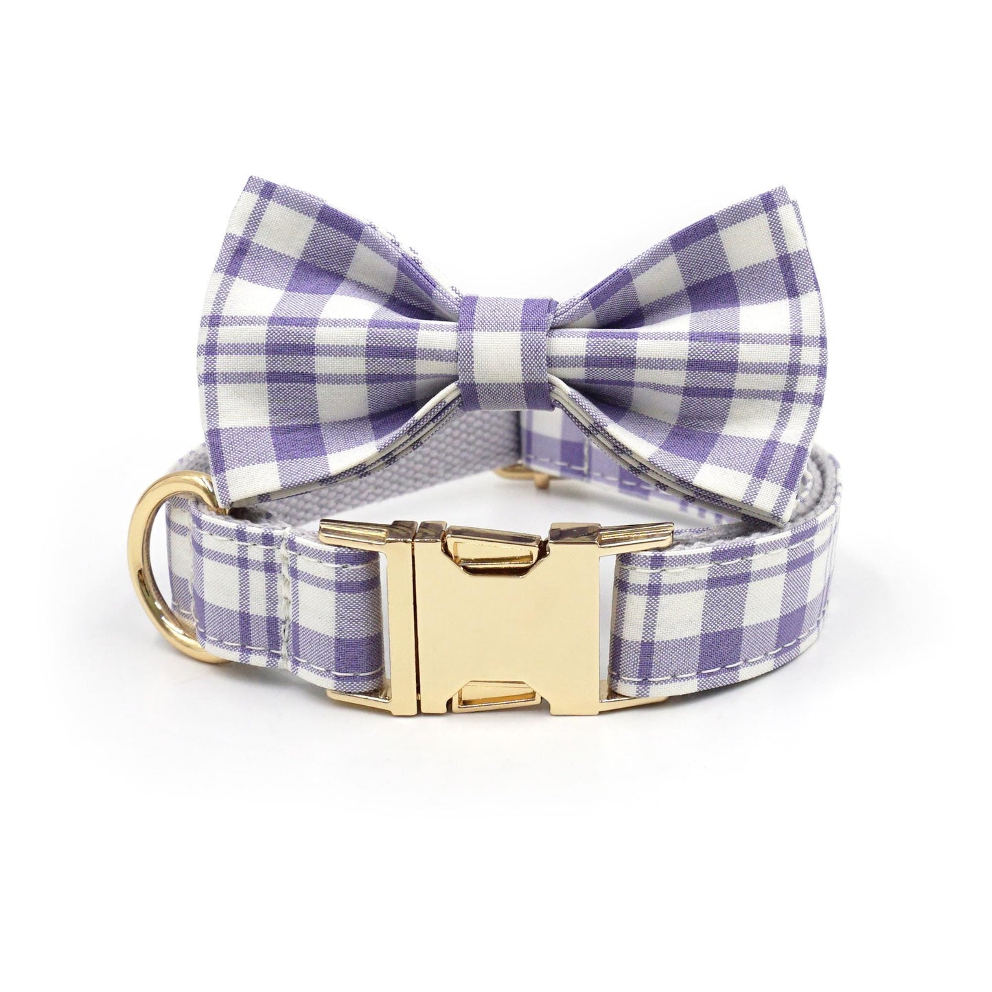 Custom Lilac Tartan Dog Harness Set, Personalized Name Collar & Rope Leash, Plaid Puppy Walking Kit XS-XL