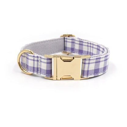 Custom Lilac Tartan Dog Harness Set, Personalized Name Collar & Rope Leash, Plaid Puppy Walking Kit XS-XL