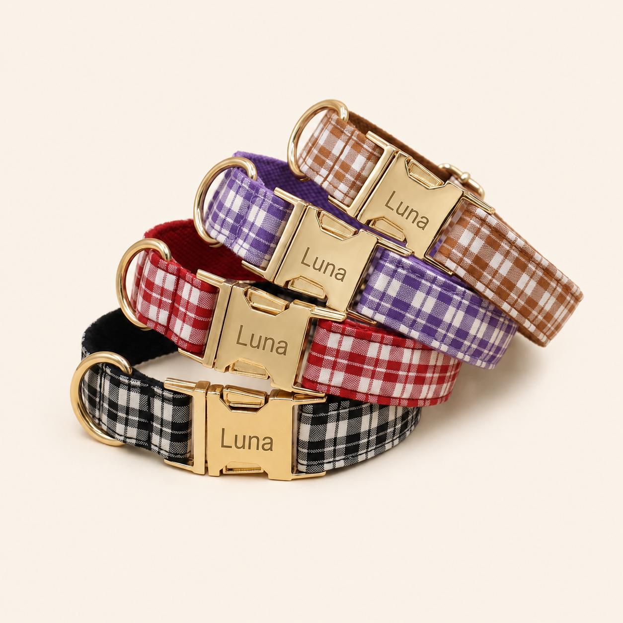 Plaid Dog Collar, Personalized Engraved Name Pet Collar, Preppy Plaid Collar with Leash, Bow Tie & Bag, Custom Puppy Collar Set