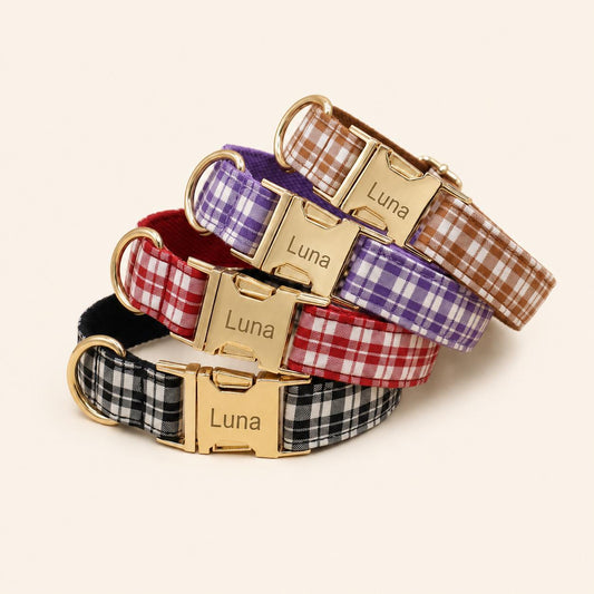 Plaid Dog Collar, Personalized Engraved Name Pet Collar, Preppy Plaid Collar with Leash, Bow Tie & Bag, Custom Puppy Collar Set
