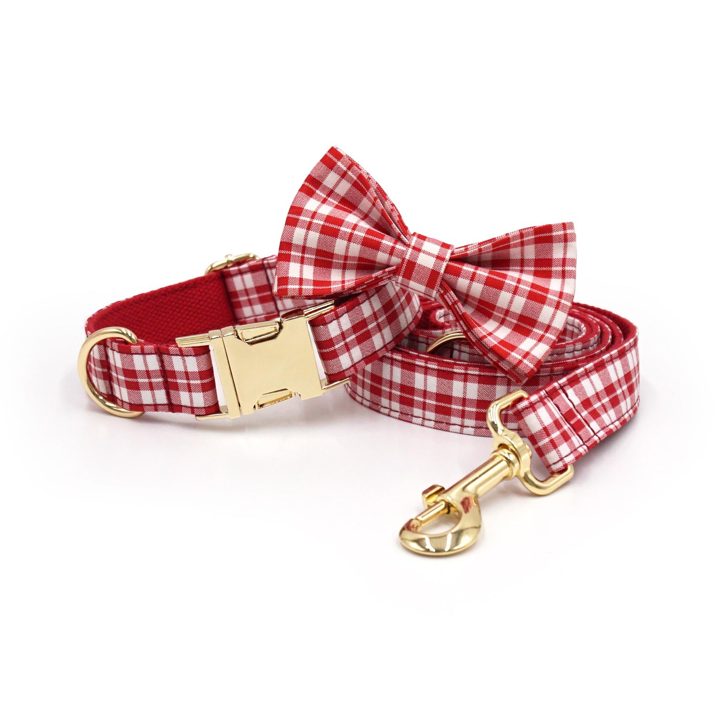 Plaid Dog Collar, Personalized Engraved Name Pet Collar, Preppy Plaid Collar with Leash, Bow Tie & Bag, Custom Puppy Collar Set
