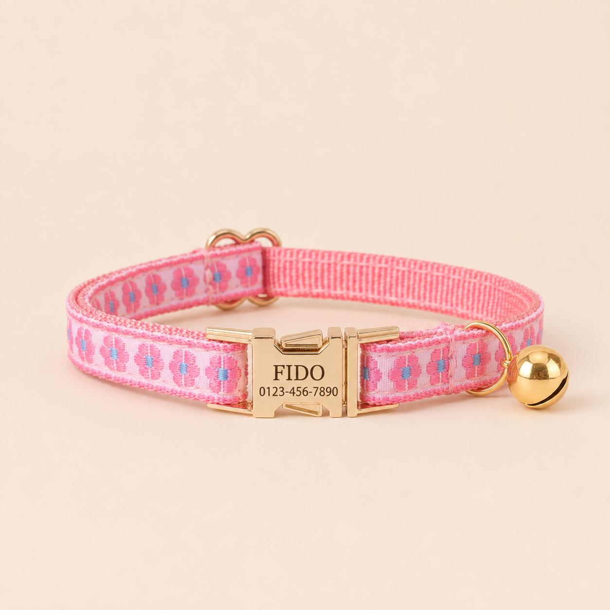 Floral Embroidered Cat Quick Release Collar, Engraved Name Buckle, Adjustable Kitten Pet Collar