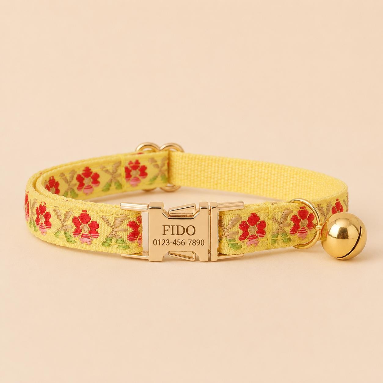 Floral Embroidered Cat Collar, Engraved Name Buckle, Adjustable Kitten Pet Collar