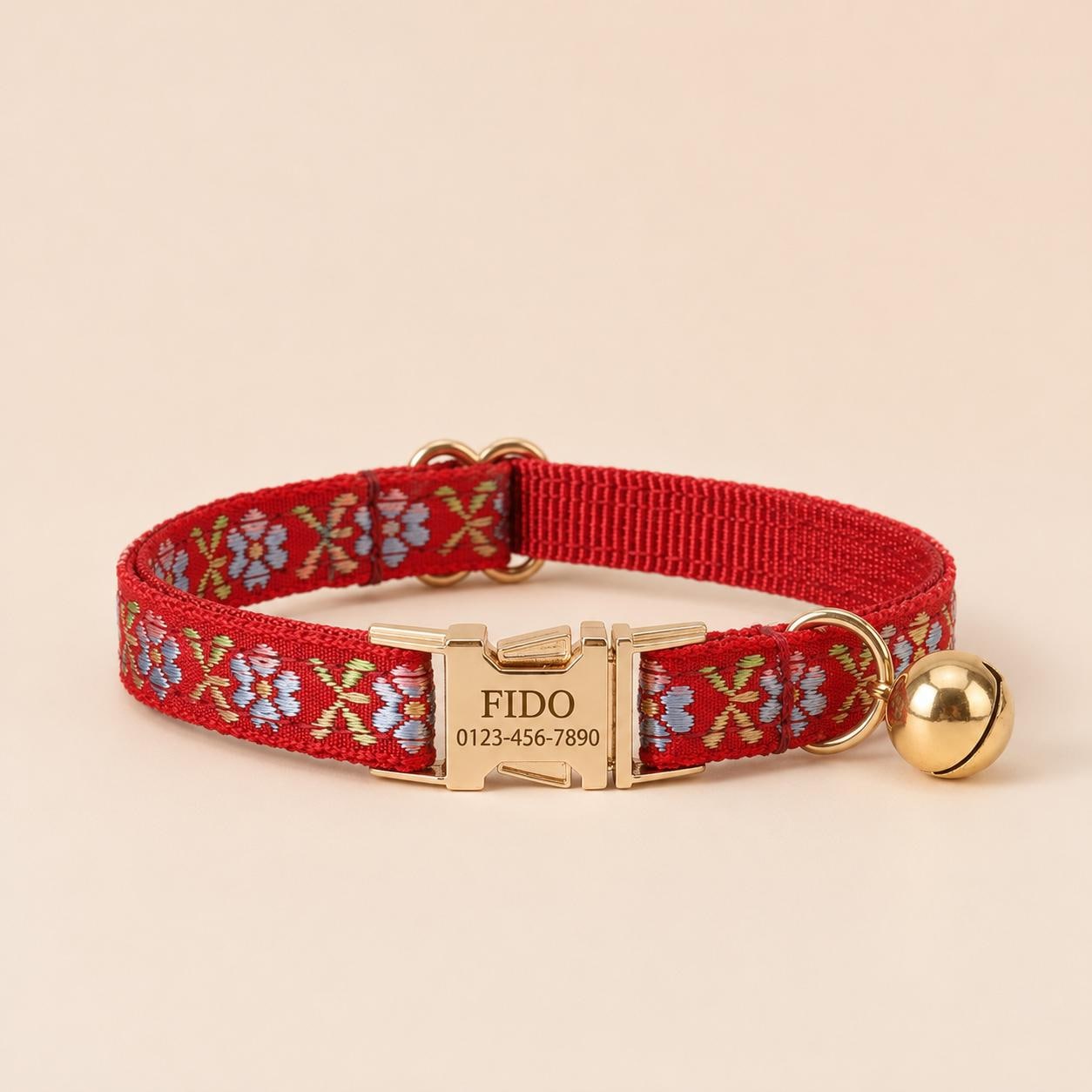 Floral Embroidered Cat Quick Release Collar, Engraved Name Buckle, Adjustable Kitten Pet Collar