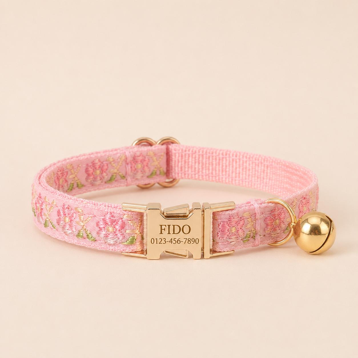 Floral Embroidered Cat Quick Release Collar, Engraved Name Buckle, Adjustable Kitten Pet Collar