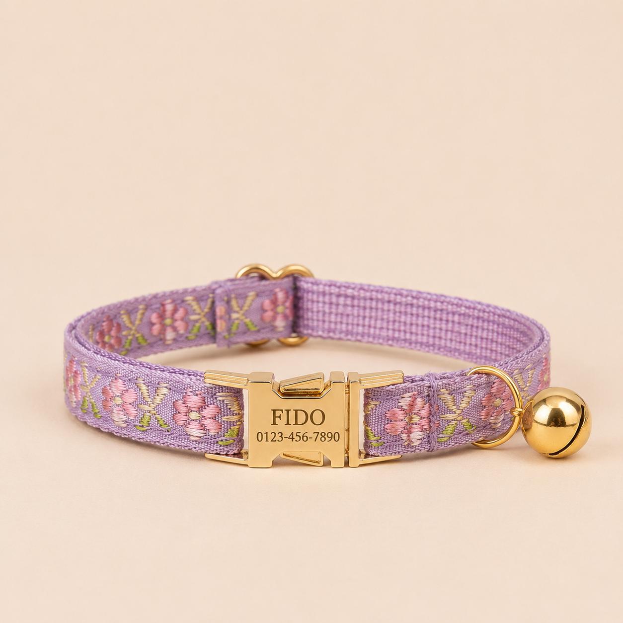 Floral Embroidered Cat Collar, Engraved Name Buckle, Adjustable Kitten Pet Collar