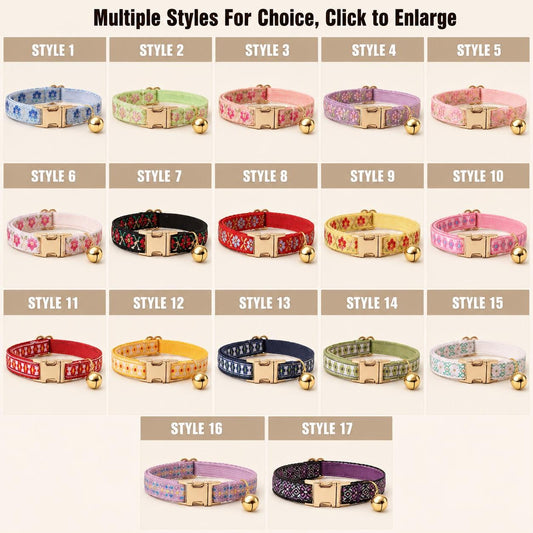 Floral Embroidered Cat Collar, Engraved Name Buckle, Adjustable Kitten Pet Collar
