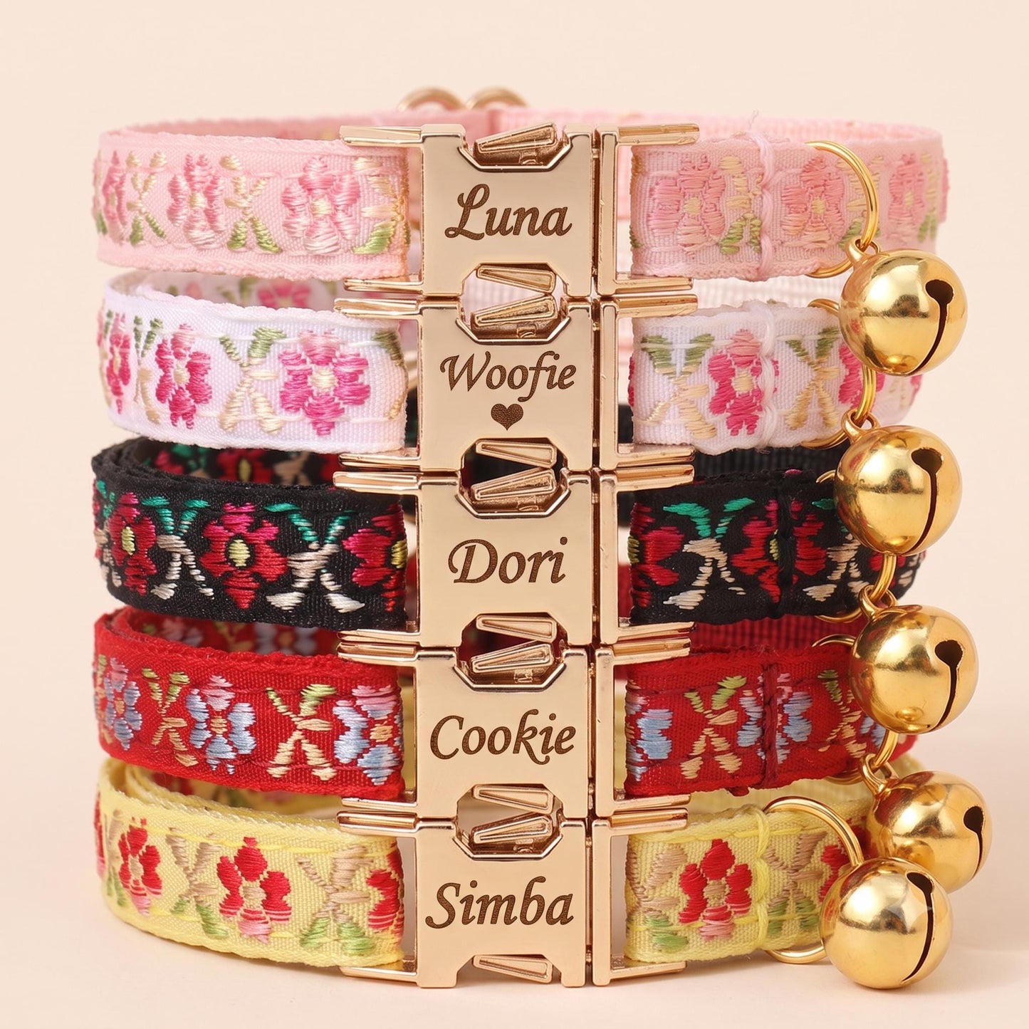 Floral Embroidered Cat Collar, Engraved Name Buckle, Adjustable Kitten Pet Collar