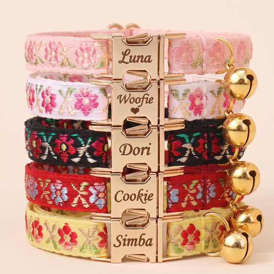 Floral Embroidered Cat Collar, Engraved Name Buckle, Adjustable Kitten Pet Collar