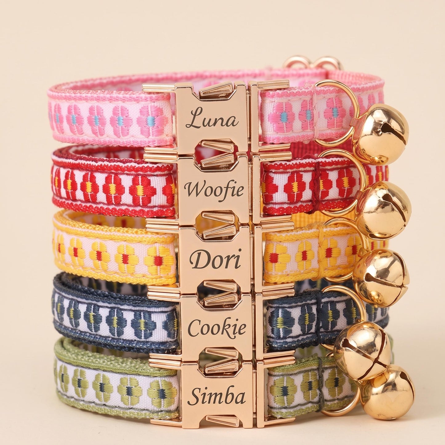 Floral Embroidered Cat Quick Release Collar, Engraved Name Buckle, Adjustable Kitten Pet Collar