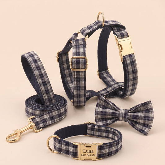 Custom Black and White Plaid Dog Harness & Optional Leash Set, Personalised Dog Harness Set, Collar Bow Tie, Adjustable