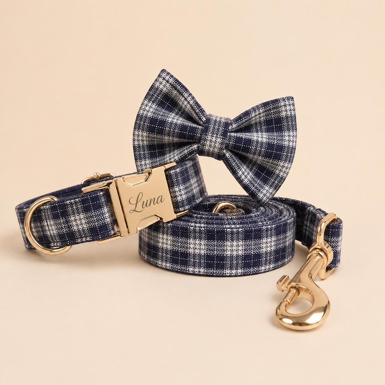 Custom Black and White Plaid Dog Harness & Optional Leash Set, Personalised Dog Harness Set, Collar Bow Tie, Adjustable