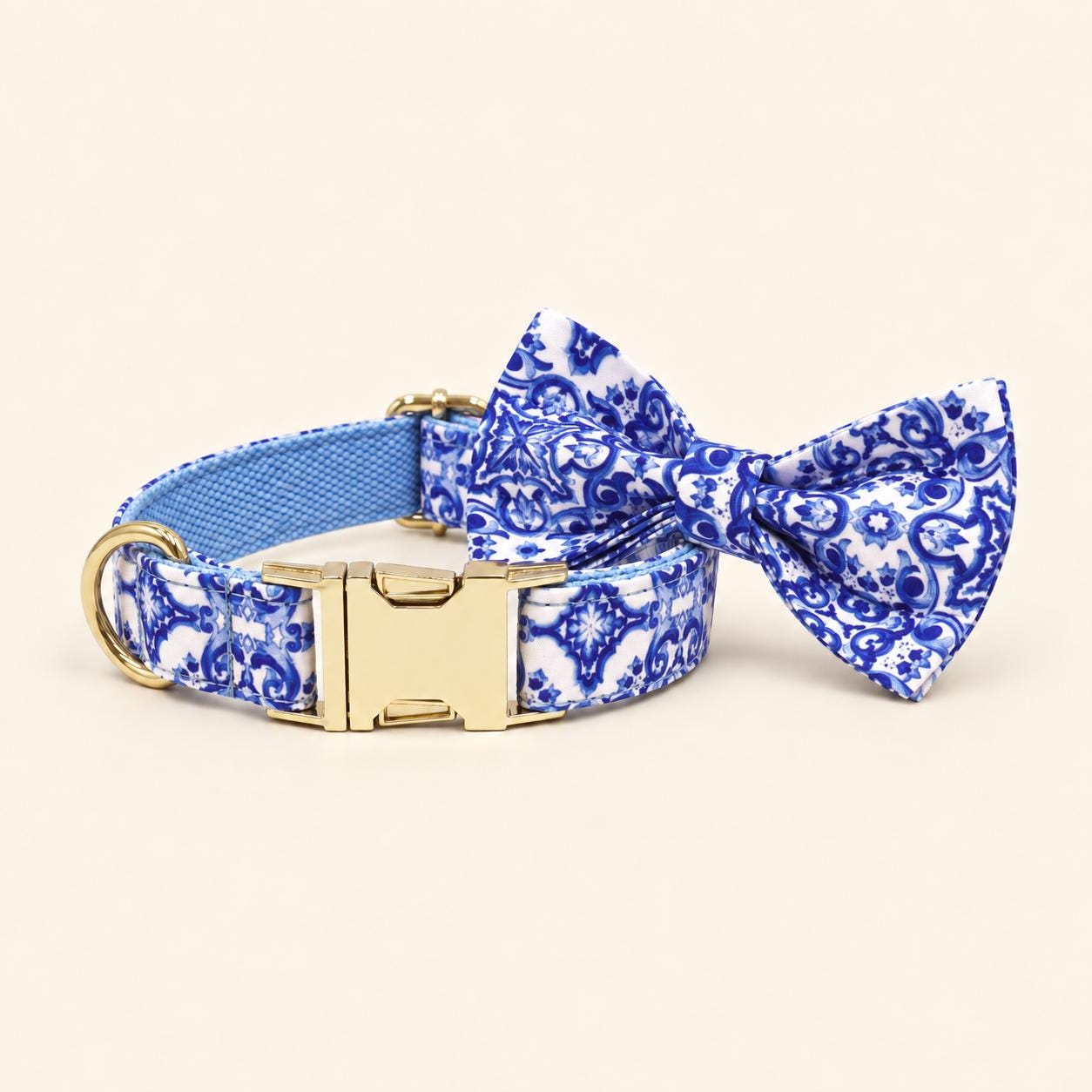 Blue and White Floral Dog Harness Set with Cream Rope Leash, Optional Combo
