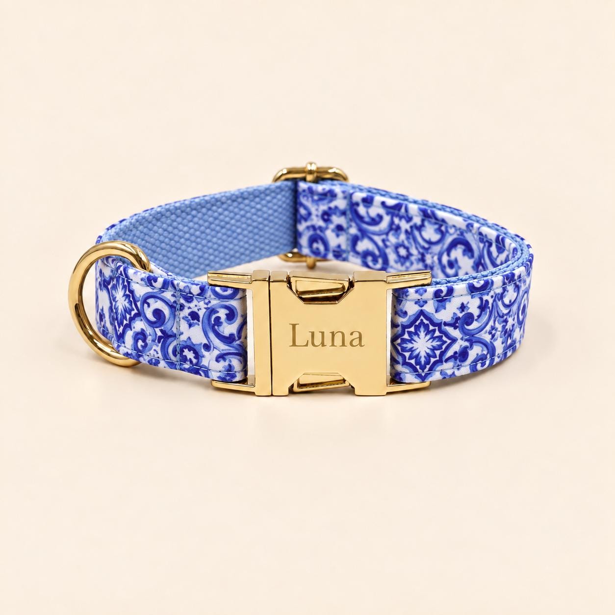 Blue and White Floral Dog Harness Set with Cream Rope Leash, Optional Combo