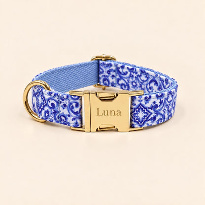 Blue and White Floral Dog Harness Set with Cream Rope Leash, Optional Combo