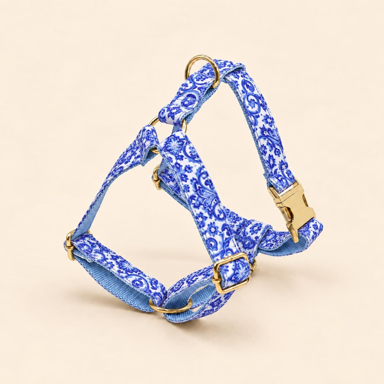 Blue and White Floral Dog Harness Set with Cream Rope Leash, Optional Combo