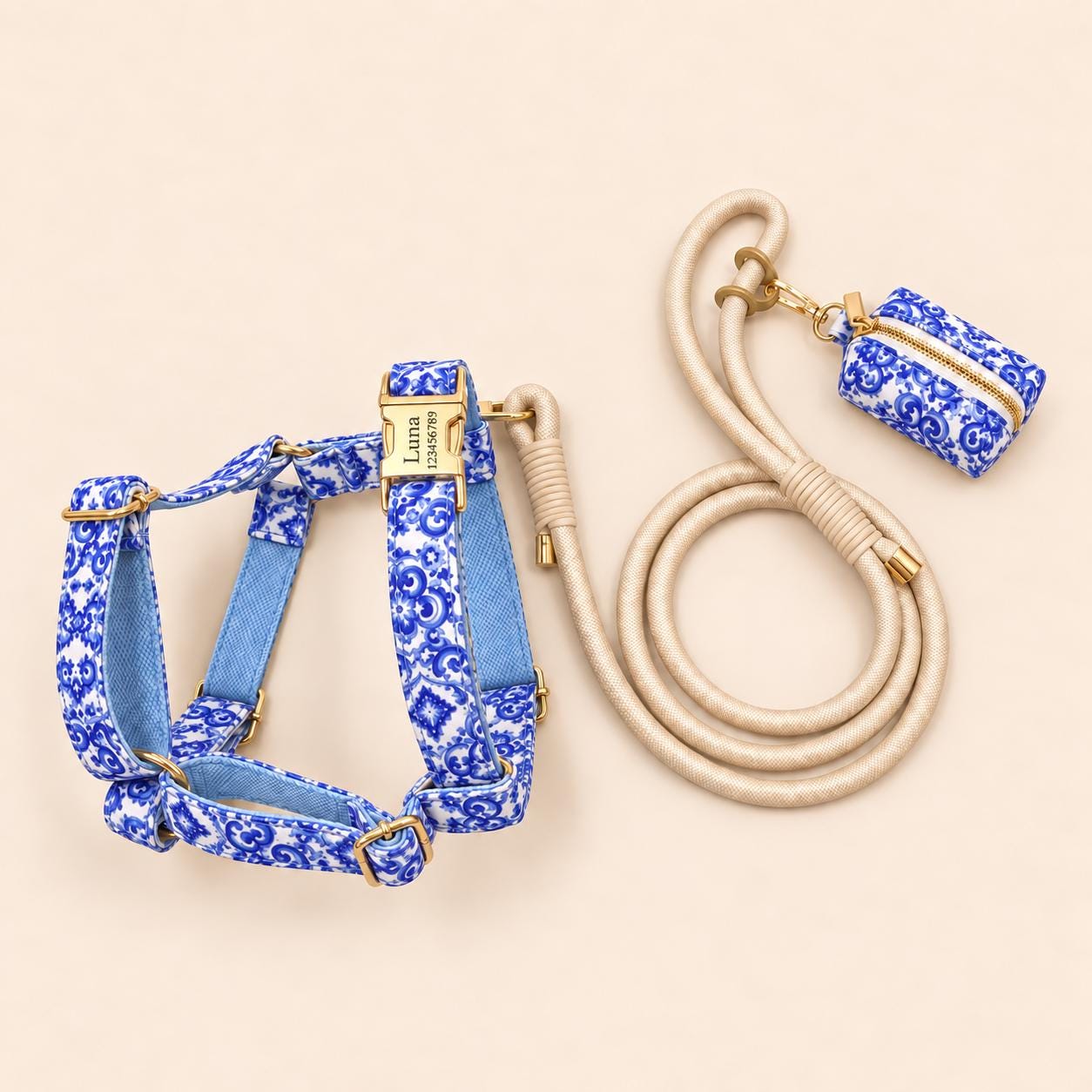 Blue and White Floral Dog Harness Set with Cream Rope Leash, Optional Combo